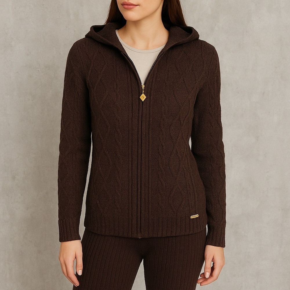 St. John‎ Sport Marie Gray S Brown Wool Blend Hoodie Sweater Zip Up Cable Knit